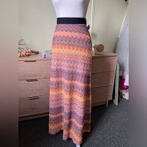 Orange Pink Yellow Knit Crochet Elastic Pastel Sunset Modest Mid A-Line Skirt S